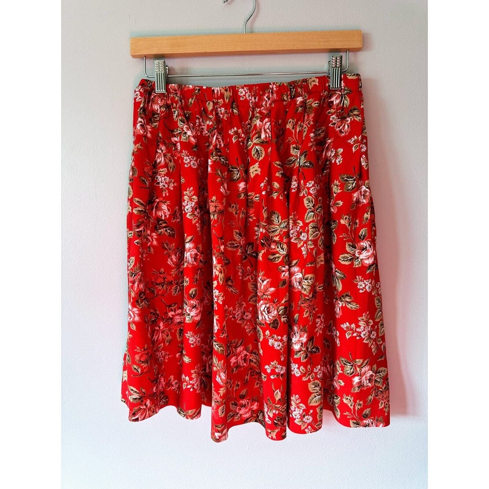 90s Vintage Susan Bristol Elastic Skirt Red Floral Roses Size Large